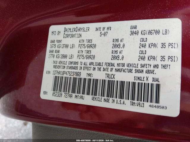 45070009 :رقم المزاد ، 1D7HA18P47S232869 vin ، 2007 Dodge Ram 1500 Slt مزاد بيع