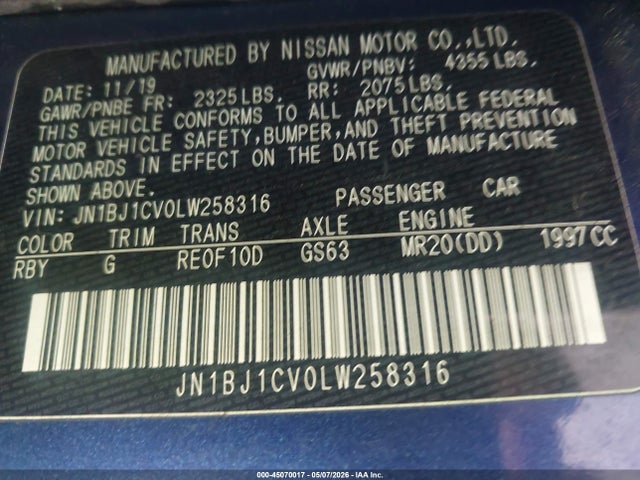 45070017 :رقم المزاد ، JN1BJ1CV0LW258316 vin ، 2020 Nissan Rogue Sport S Fwd Xtronic Cvt مزاد بيع