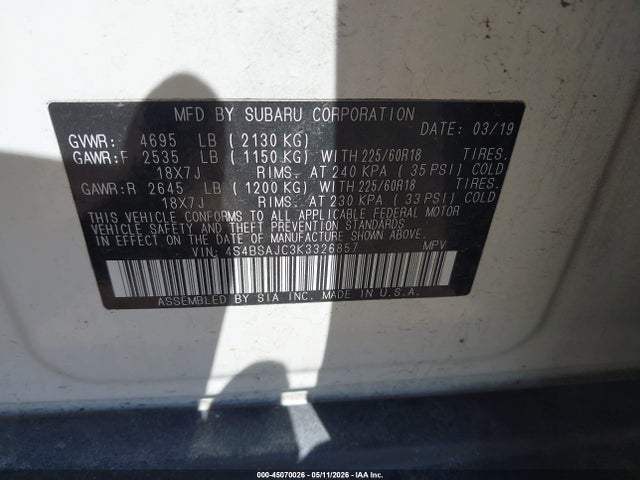 45070026 :رقم المزاد ، 4S4BSAJC3K3326857 vin ، 2019 Subaru Outback 2.5i Limited مزاد بيع