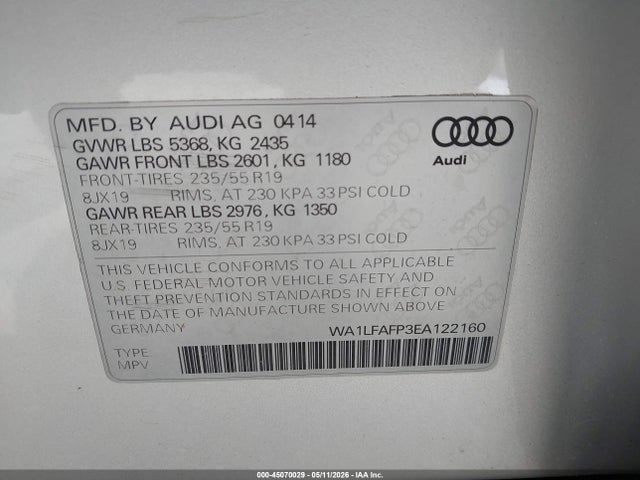 Aukcja sprzedaży 2014 Audi Q5 2.0t Premium, vin: WA1LFAFP3EA122160, numer aukcji: 45070029