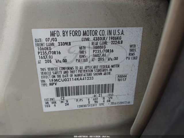 45070030 :رقم المزاد ، 1FMCU03114KA41233 vin ، 2004 Ford Escape Xlt مزاد بيع
