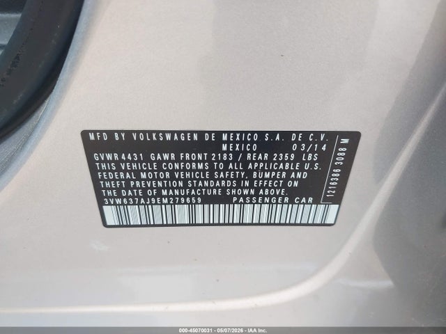 Продажа на аукционе авто 2014 Volkswagen Jetta Hybrid Se, vin: 3VW637AJ9EM279659, номер лота: 45070031