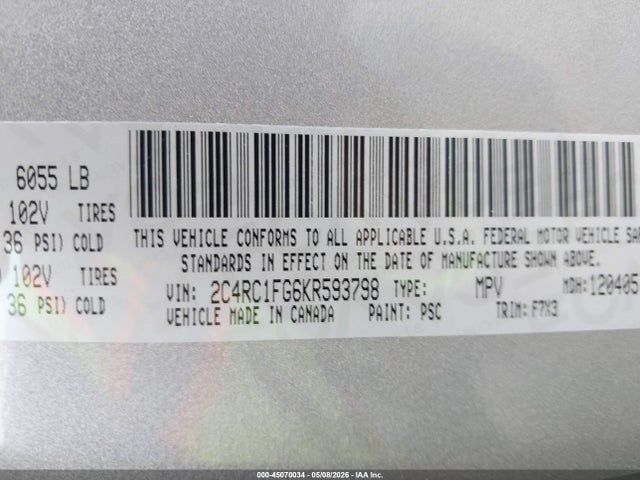 Aukcja sprzedaży 2019 Chrysler Pacifica Touring Plus, vin: 2C4RC1FG6KR593798, numer aukcji: 45070034