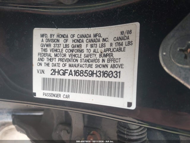 45070035 :رقم المزاد ، 2HGFA16859H316031 vin ، 2009 Honda Civic Ex مزاد بيع