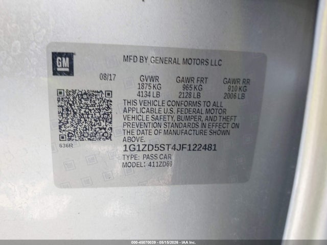 45070039 :رقم المزاد ، 1G1ZD5ST4JF122481 vin ، 2018 Chevrolet Malibu Lt مزاد بيع