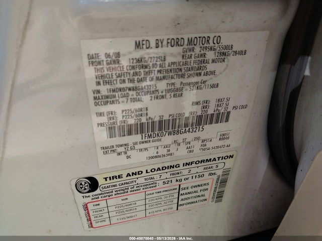 Продаж на аукціоні авто 2008 Ford Taurus X Eddie Bauer, vin: 1FMDK07W88GA43215, номер лоту: 45070040