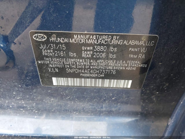 2016 Hyundai Elantra Se მანქანა იყიდება აუქციონზე, vin: 5NPDH4AE4GH737176, აუქციონის ნომერი: 45070043