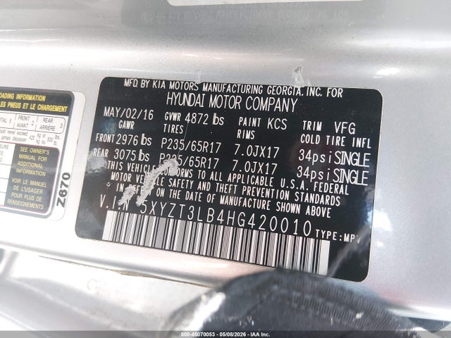 45070053 :رقم المزاد ، 5XYZT3LB4HG420010 vin ، 2017 Hyundai Santa Fe Sport 2.4l مزاد بيع