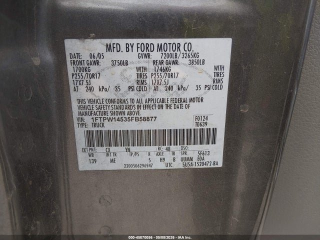 Aukcja sprzedaży 2005 Ford F-150 Fx4/lariat/xlt, vin: 1FTPW14535FB58877, numer aukcji: 45070056