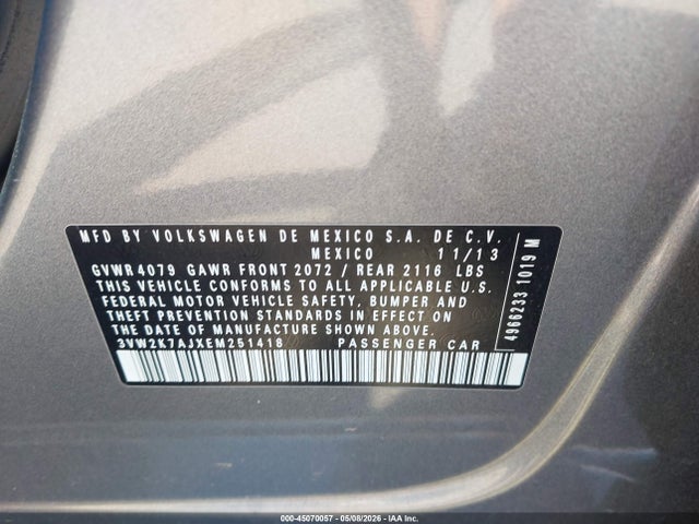 45070057 :رقم المزاد ، 3VW2K7AJXEM251418 vin ، 2014 Volkswagen Jetta 2.0l S مزاد بيع