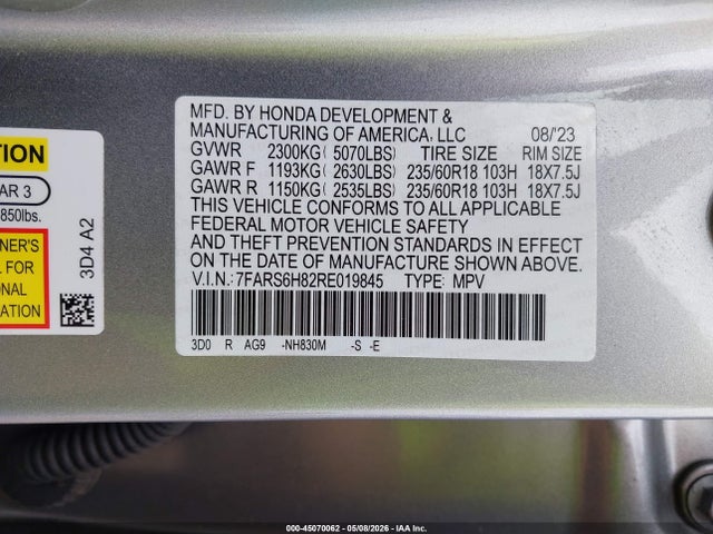 2024 Honda Cr-v Hybrid Sport-l მანქანა იყიდება აუქციონზე, vin: 7FARS6H82RE019845, აუქციონის ნომერი: 45070062