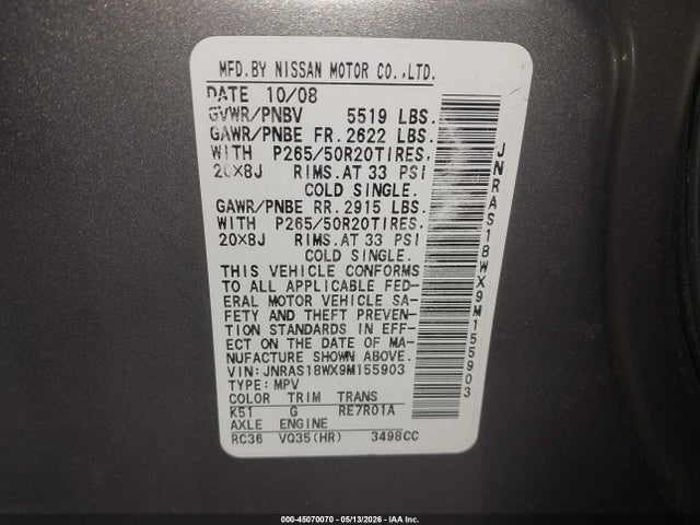 45070070 :رقم المزاد ، JNRAS18WX9M155903 vin ، 2009 Infiniti Fx35 مزاد بيع