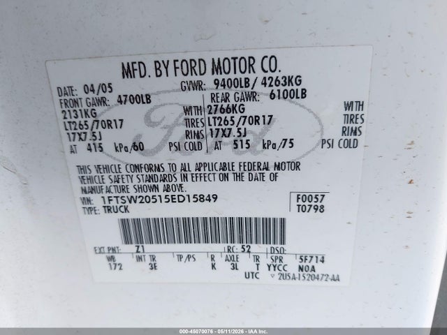 Продаж на аукціоні авто 2005 Ford Super Duty F-250 Lariat/xl/xlt, vin: 1FTSW20515ED15849, номер лоту: 45070076