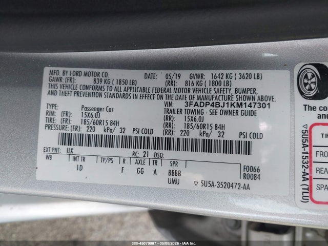 Aukcja sprzedaży 2019 Ford Fiesta Se, vin: 3FADP4BJ1KM147301, numer aukcji: 45070087