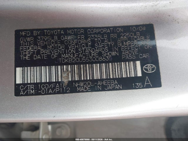 45070088 :رقم المزاد ، JTDKB20U553008635 vin ، 2005 Toyota Prius مزاد بيع