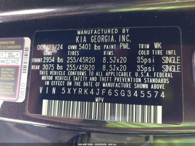 45070092 :رقم المزاد ، 5XYRK4JF6SG345574 vin ، 2025 Kia Sorento Sx مزاد بيع