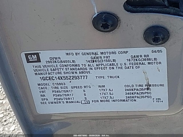 2005 Chevrolet Silverado 1500 Work Truck მანქანა იყიდება აუქციონზე, vin: 1GCEC14X55Z293777, აუქციონის ნომერი: 45070093