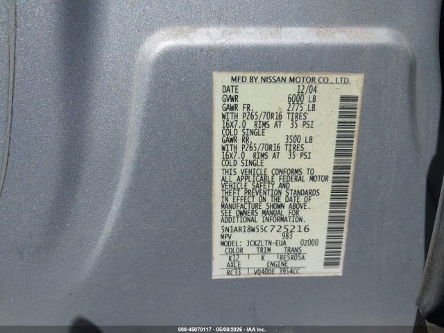 Aukcja sprzedaży 2005 Nissan Pathfinder Se, vin: 5N1AR18W55C725216, numer aukcji: 45070117
