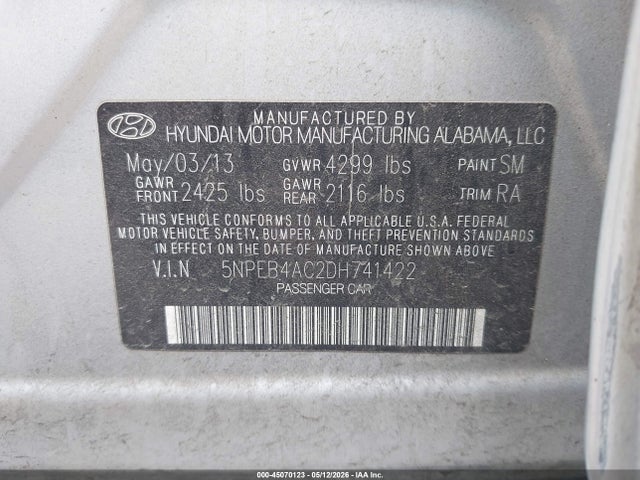 45070123 :رقم المزاد ، 5NPEB4AC2DH741422 vin ، 2013 Hyundai Sonata Gls مزاد بيع