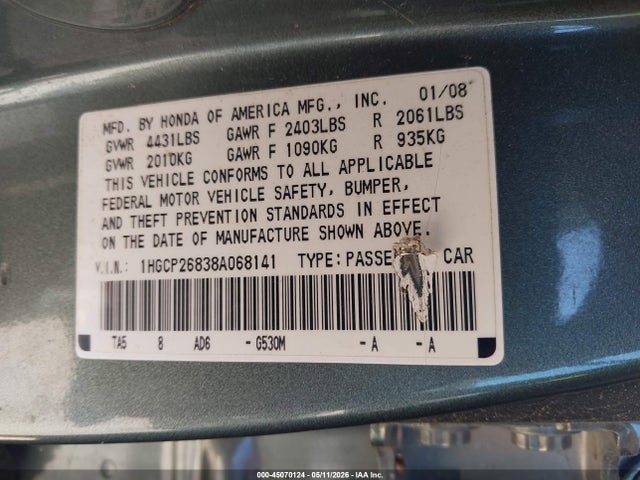 Продаж на аукціоні авто 2008 Honda Accord 2.4 Ex-l, vin: 1HGCP26838A068141, номер лоту: 45070124
