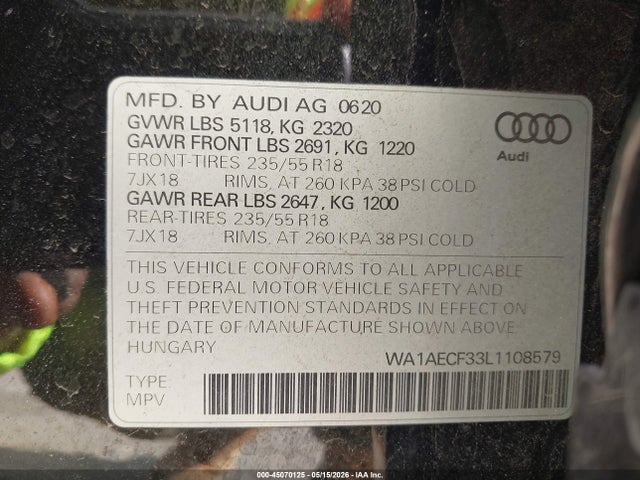 Aukcja sprzedaży 2020 Audi Q3 Premium 45 Tfsi Quattro Tiptronic, vin: WA1AECF33L1108579, numer aukcji: 45070125