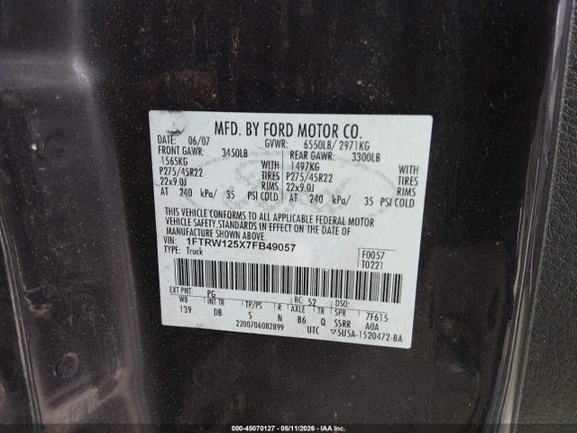 Продаж на аукціоні авто 2007 Ford F-150 Lariat, vin: 1FTRW125X7FB49057, номер лоту: 45070127