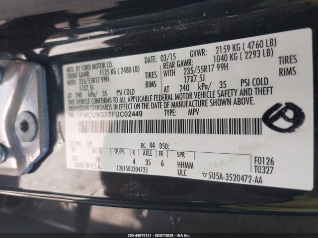 Aukcja sprzedaży 2015 Ford Escape Se, vin: 1FMCU9GX5FUC02449, numer aukcji: 45070131