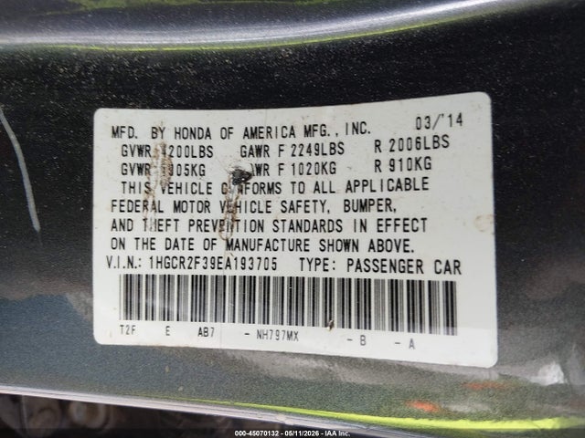 2014 Honda Accord Lx მანქანა იყიდება აუქციონზე, vin: 1HGCR2F39EA193705, აუქციონის ნომერი: 45070132