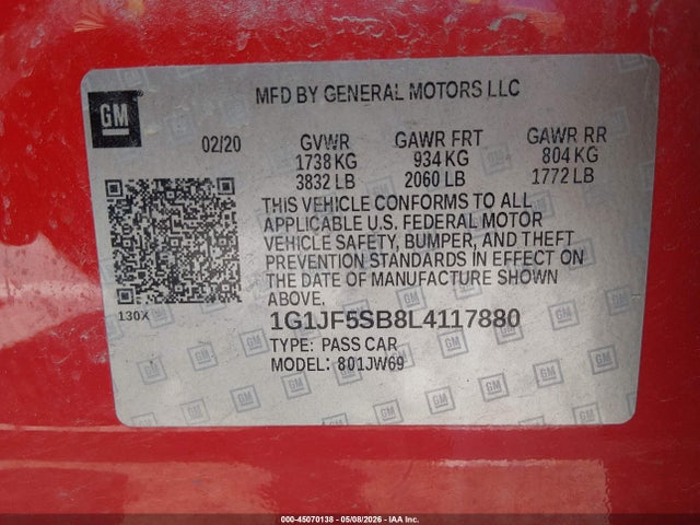 Продажа на аукционе авто 2020 Chevrolet Sonic Fwd  Premier, vin: 1G1JF5SB8L4117880, номер лота: 45070138