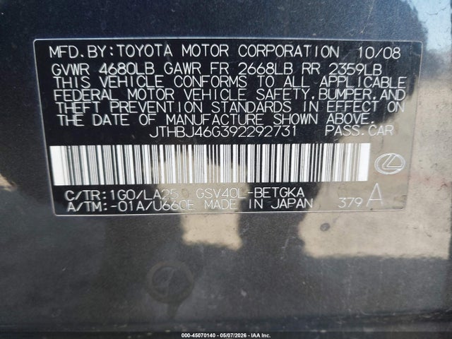 Продажа на аукционе авто 2009 Lexus Es 350, vin: JTHBJ46G392292731, номер лота: 45070140