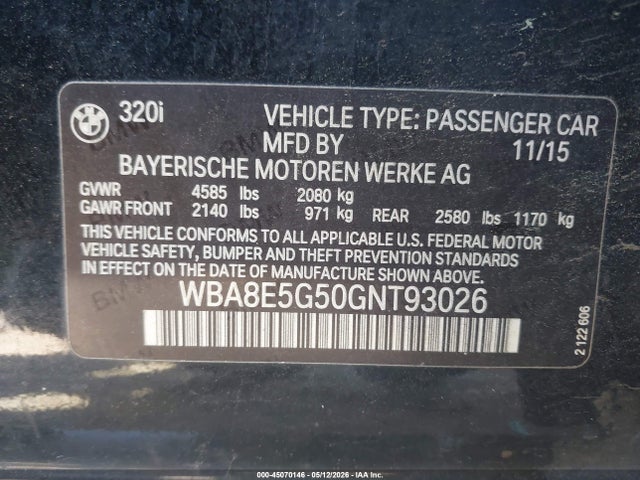 Aukcja sprzedaży 2016 Bmw 320i Xdrive, vin: WBA8E5G50GNT93026, numer aukcji: 45070146