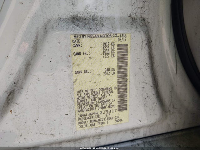 2017 Nissan Altima 2.5 Sr მანქანა იყიდება აუქციონზე, vin: 1N4AL3AP9HC229317, აუქციონის ნომერი: 45070147