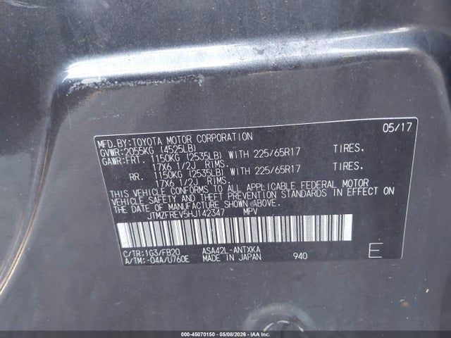 45070150 :رقم المزاد ، JTMZFREV5HJ142347 vin ، 2017 Toyota Rav4 Le مزاد بيع
