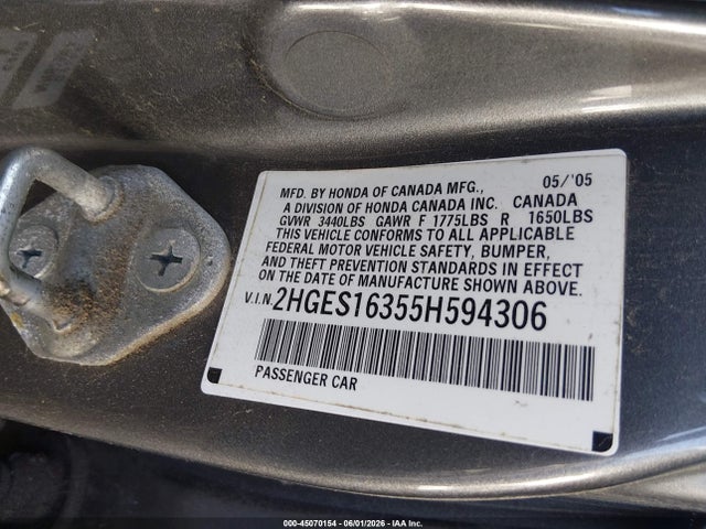 45070154 :رقم المزاد ، 2HGES16355H594306 vin ، 2005 Honda Civic Vp مزاد بيع