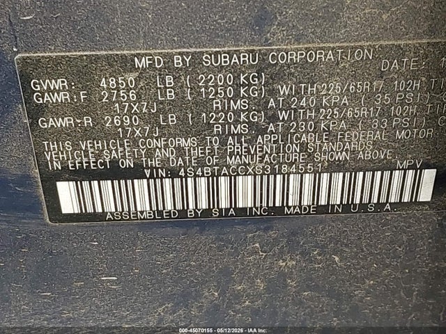 2025 Subaru Outback Premium მანქანა იყიდება აუქციონზე, vin: 4S4BTACCXS3184551, აუქციონის ნომერი: 45070155