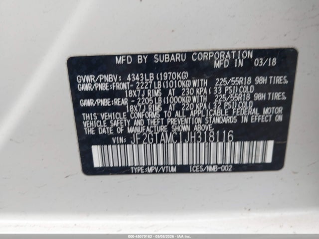 45070162 :رقم المزاد ، JF2GTAMC1JH318116 vin ، 2018 Subaru Crosstrek 2.0i Limited مزاد بيع