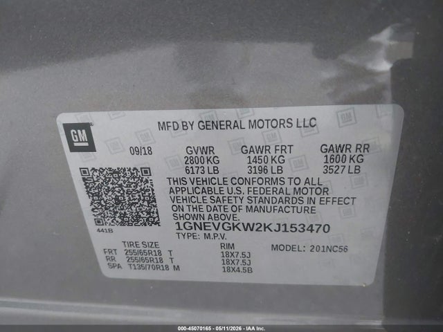 Aukcja sprzedaży 2019 Chevrolet Traverse 1lt, vin: 1GNEVGKW2KJ153470, numer aukcji: 45070165
