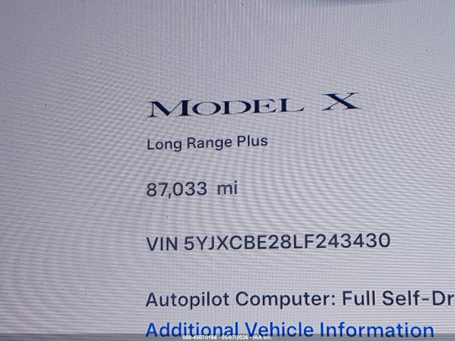 Aukcja sprzedaży 2020 Tesla Model X Long Range Dual Motor All-wheel Drive/long Range Plus Dual Motor All-wheel Drive, vin: 5YJXCBE28LF243430, numer aukcji: 45070166
