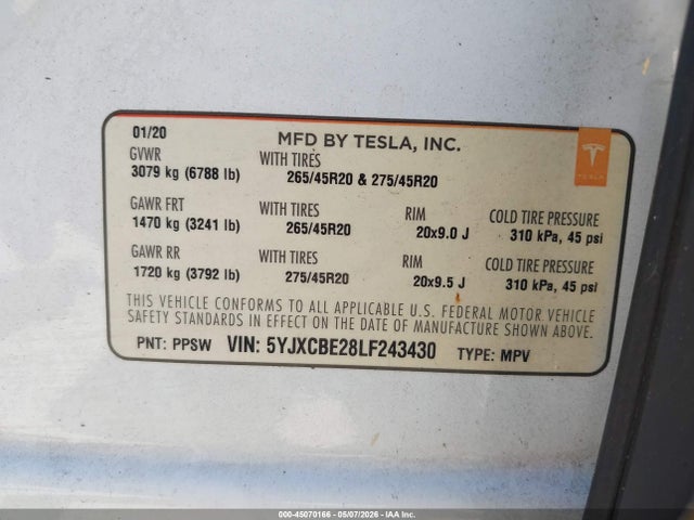 Aukcja sprzedaży 2020 Tesla Model X Long Range Dual Motor All-wheel Drive/long Range Plus Dual Motor All-wheel Drive, vin: 5YJXCBE28LF243430, numer aukcji: 45070166