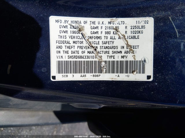 45070167 :رقم المزاد ، SHSRD68433U101862 vin ، 2003 Honda Cr-v Lx مزاد بيع