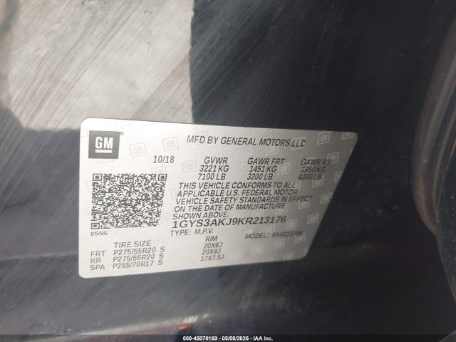 2019 Cadillac Escalade Standard მანქანა იყიდება აუქციონზე, vin: 1GYS3AKJ9KR213176, აუქციონის ნომერი: 45070169