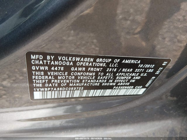 45070170 :رقم المزاد ، 1VWBP7A35DC053722 vin ، 2013 Volkswagen Passat 2.5l Se مزاد بيع