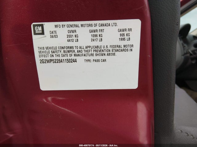 2004 Pontiac Grand Prix Gt1 მანქანა იყიდება აუქციონზე, vin: 2G2WP522841150244, აუქციონის ნომერი: 45070174