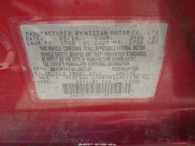Продажа на аукционе авто 2015 Nissan Versa 1.6 Sv, vin: 3N1CN7AP4FL807137, номер лота: 45070177