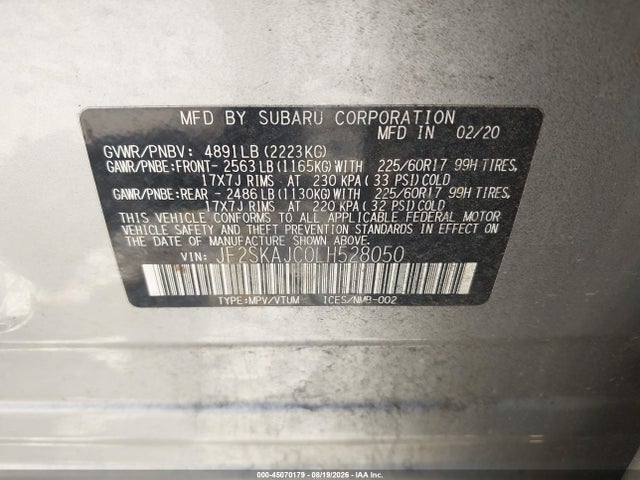 Aukcja sprzedaży 2020 Subaru Forester Premium, vin: JF2SKAJC0LH528050, numer aukcji: 45070179