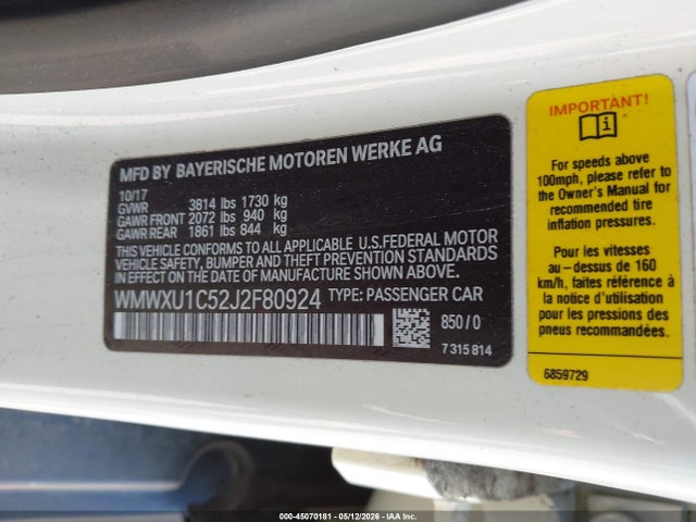 Aukcja sprzedaży 2018 Mini Hardtop Cooper, vin: WMWXU1C52J2F80924, numer aukcji: 45070181