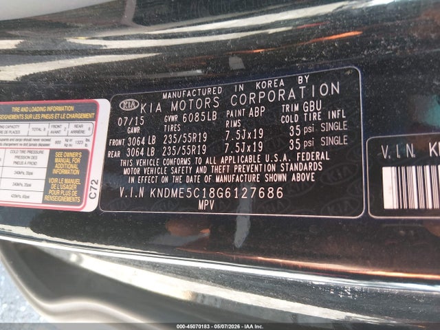 2016 Kia Sedona Sx Luxury მანქანა იყიდება აუქციონზე, vin: KNDME5C18G6127686, აუქციონის ნომერი: 45070183