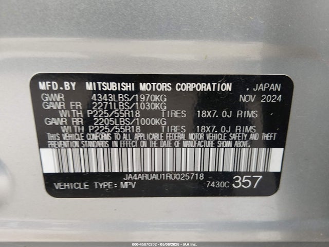 45070202 :رقم المزاد ، JA4ARUAU1RU025718 vin ، 2024 Mitsubishi Outlander Sport 2.0 Es Awc/2.0 Le Awc/2.0 Ralliart Awc/2.0 S Awc/2.0 Se Awc/2.0 Trail Edition Awc مزاد بيع