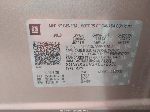 2019 Chevrolet Equinox Ls მანქანა იყიდება აუქციონზე, vin: 2GNAXSEV2K6172631, აუქციონის ნომერი: 45070207