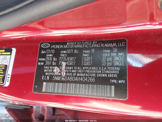 Aukcja sprzedaży 2010 Hyundai Santa Fe Gls, vin: 5NMSGDAB0AH404266, numer aukcji: 45070211